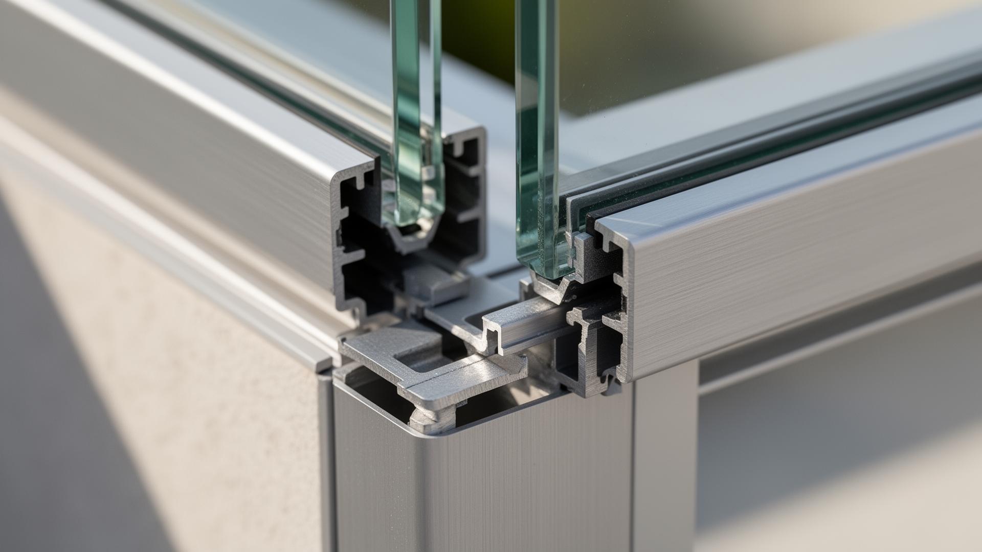 Detalle macro del perfil de aluminio con sistema patentado de 3 guías